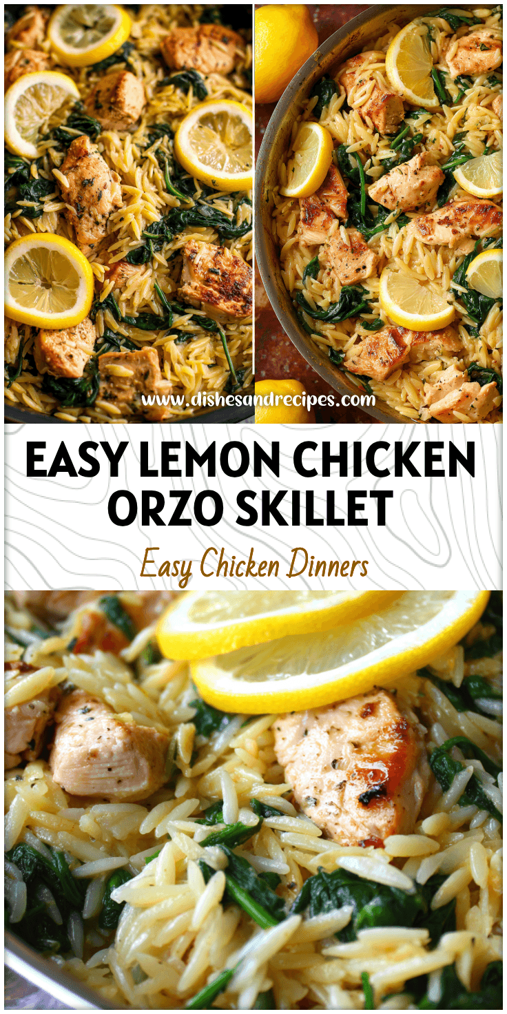 Golden lemon chicken and orzo skillet with spinach served as a comforting healthy dinner.